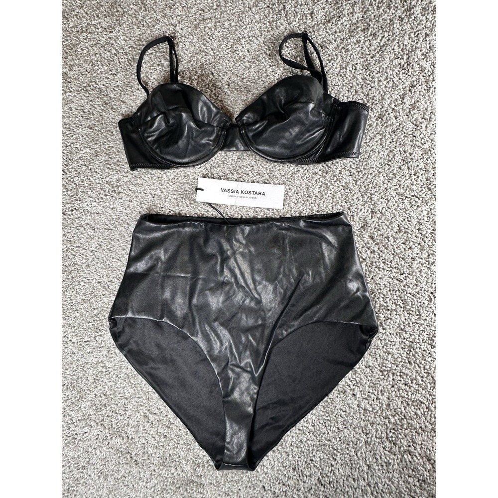 Vassia Kostara Black Pleather Lingerie Large bustier-style bra High Waist Briefs